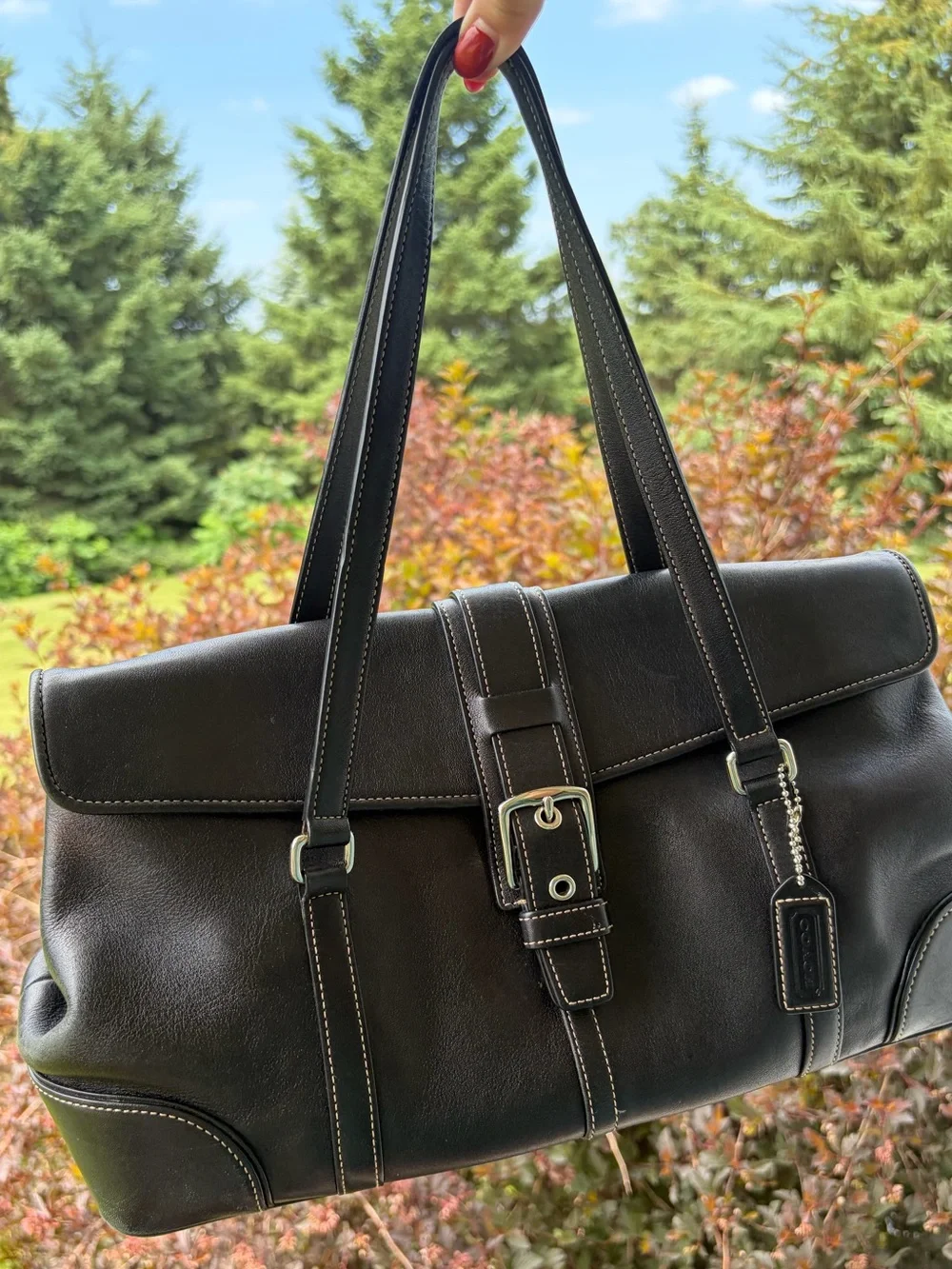 Coach black leather Hamptons flap satchel shoulder bag purse model 9267 silver